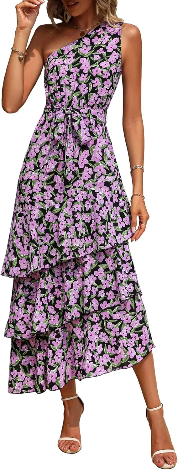 PRETTYGARDEN Women's Summer Floral Sundress Casual One Shoulder Tiered Ruffle Flowy Midi Beach Boho Dresses
