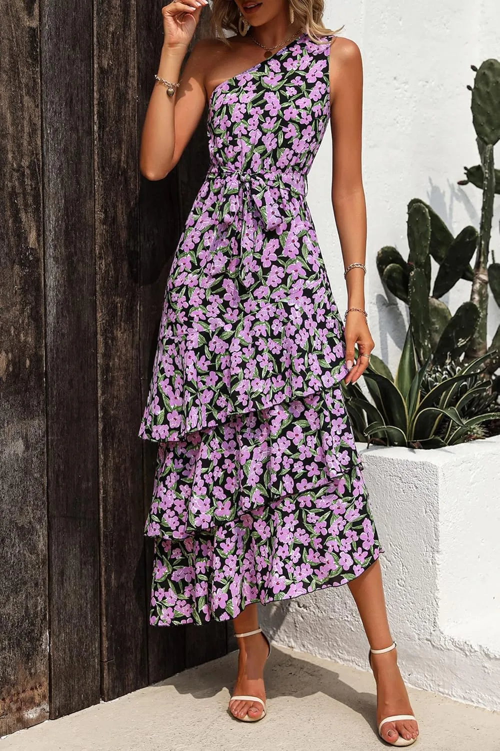 PRETTYGARDEN Women's Summer Floral Sundress Casual One Shoulder Tiered Ruffle Flowy Midi Beach Boho Dresses