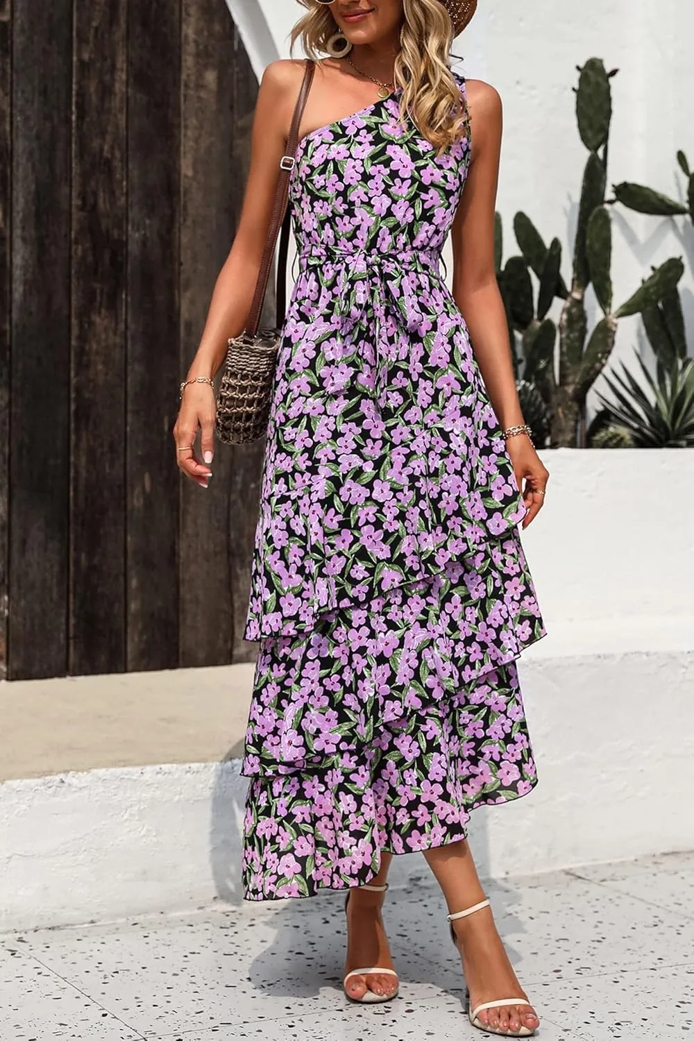 PRETTYGARDEN Women's Summer Floral Sundress Casual One Shoulder Tiered Ruffle Flowy Midi Beach Boho Dresses