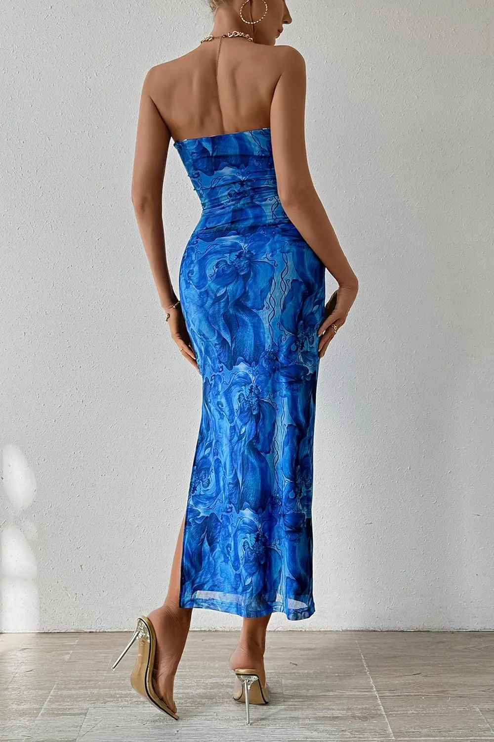PRETTYGARDEN Women's Summer Maxi Bodycon Dresses Strapless Tube Top Slit Floral Printed Party Club Long Dress