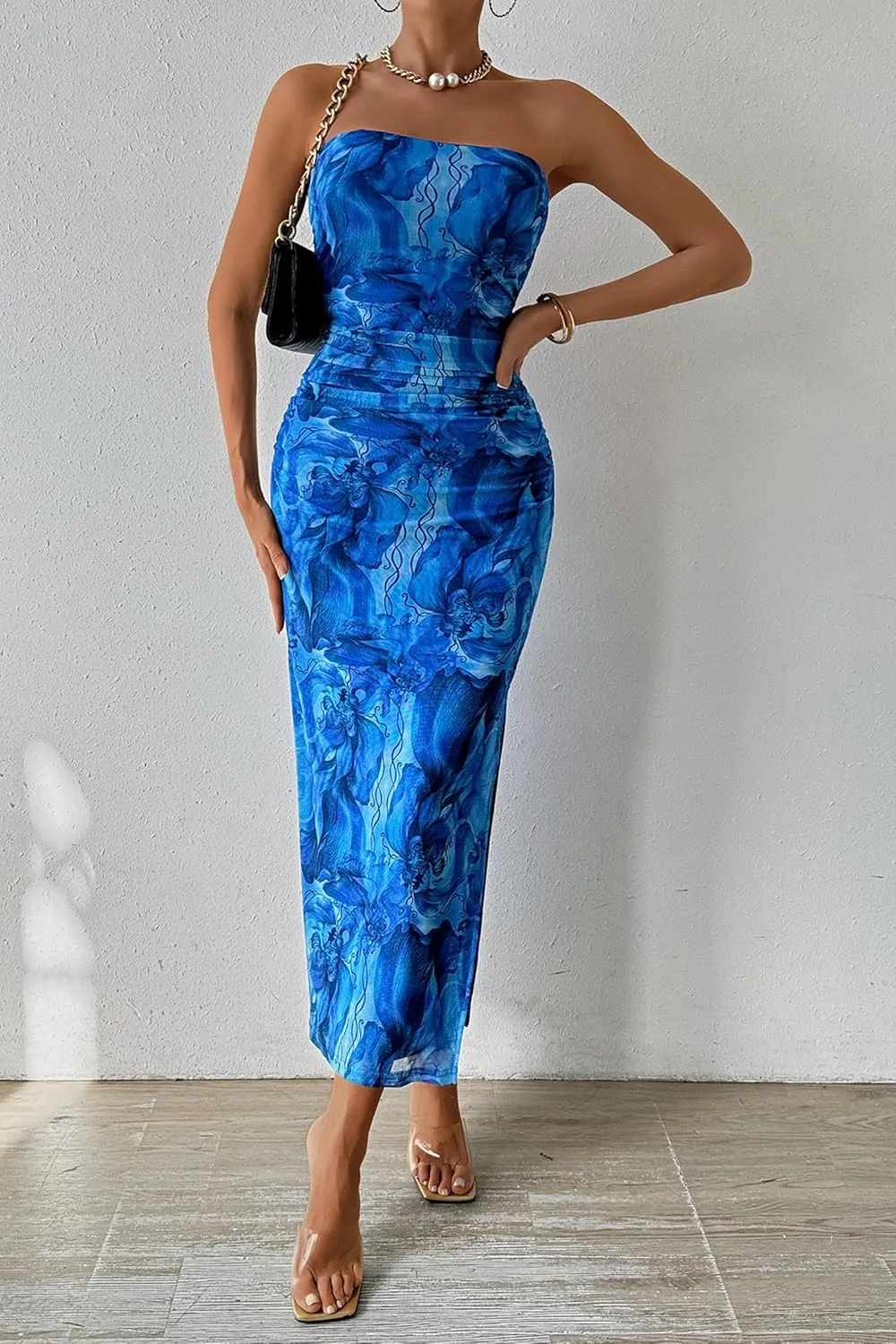 PRETTYGARDEN Women's Summer Maxi Bodycon Dresses Strapless Tube Top Slit Floral Printed Party Club Long Dress