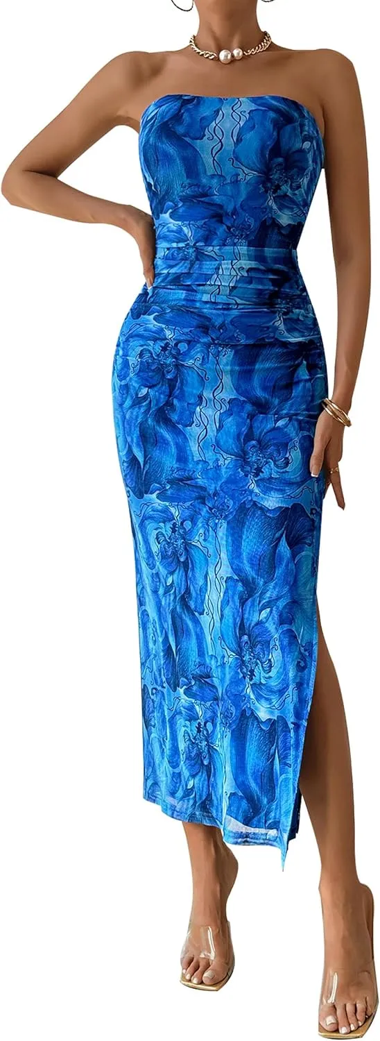 PRETTYGARDEN Women's Summer Maxi Bodycon Dresses Strapless Tube Top Slit Floral Printed Party Club Long Dress