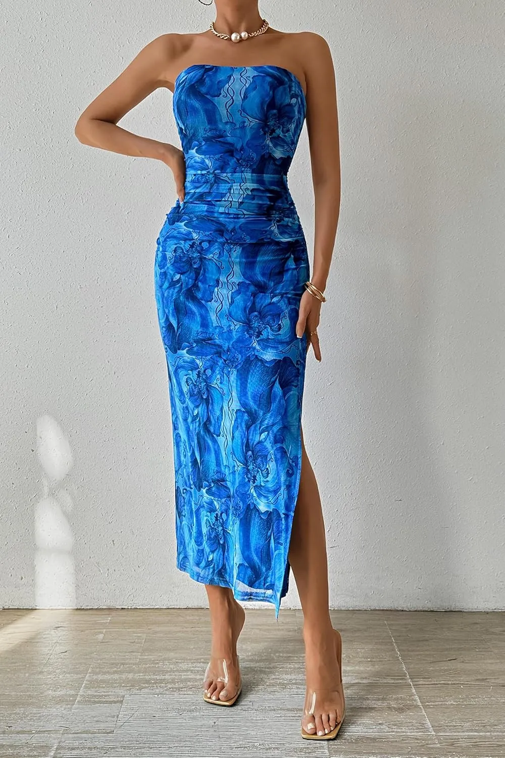 PRETTYGARDEN Women's Summer Maxi Bodycon Dresses Strapless Tube Top Slit Floral Printed Party Club Long Dress