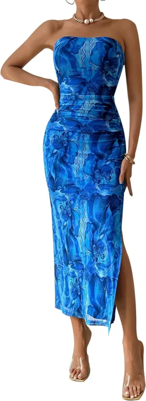 PRETTYGARDEN Women's Summer Maxi Bodycon Dresses Strapless Tube Top Slit Floral Printed Party Club Long Dress