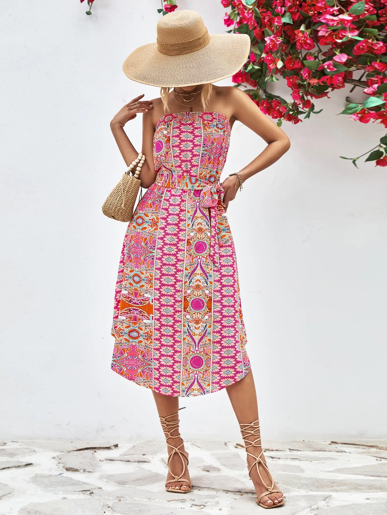 Printed Strapless Tie Belt Dress - 3 colors