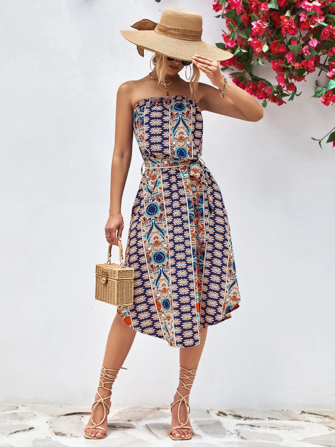 Printed Strapless Tie Belt Dress - 3 colors