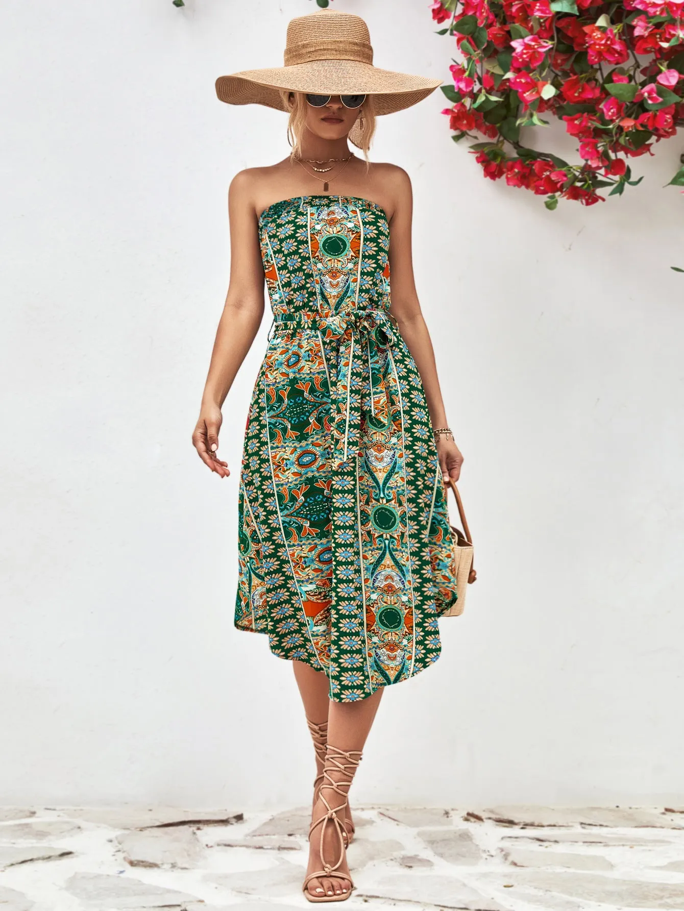 Printed Strapless Tie Belt Dress - 3 colors
