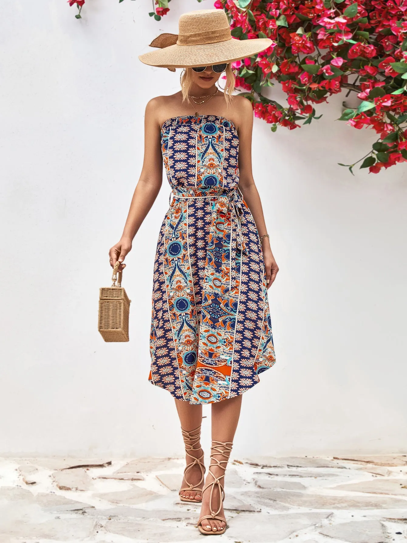 Printed Strapless Tie Belt Dress - 3 colors
