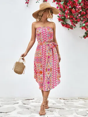 Printed Strapless Tie Belt Dress - 3 colors