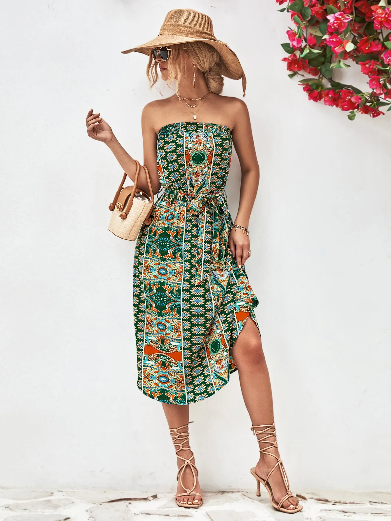 Printed Strapless Tie Belt Dress - 3 colors