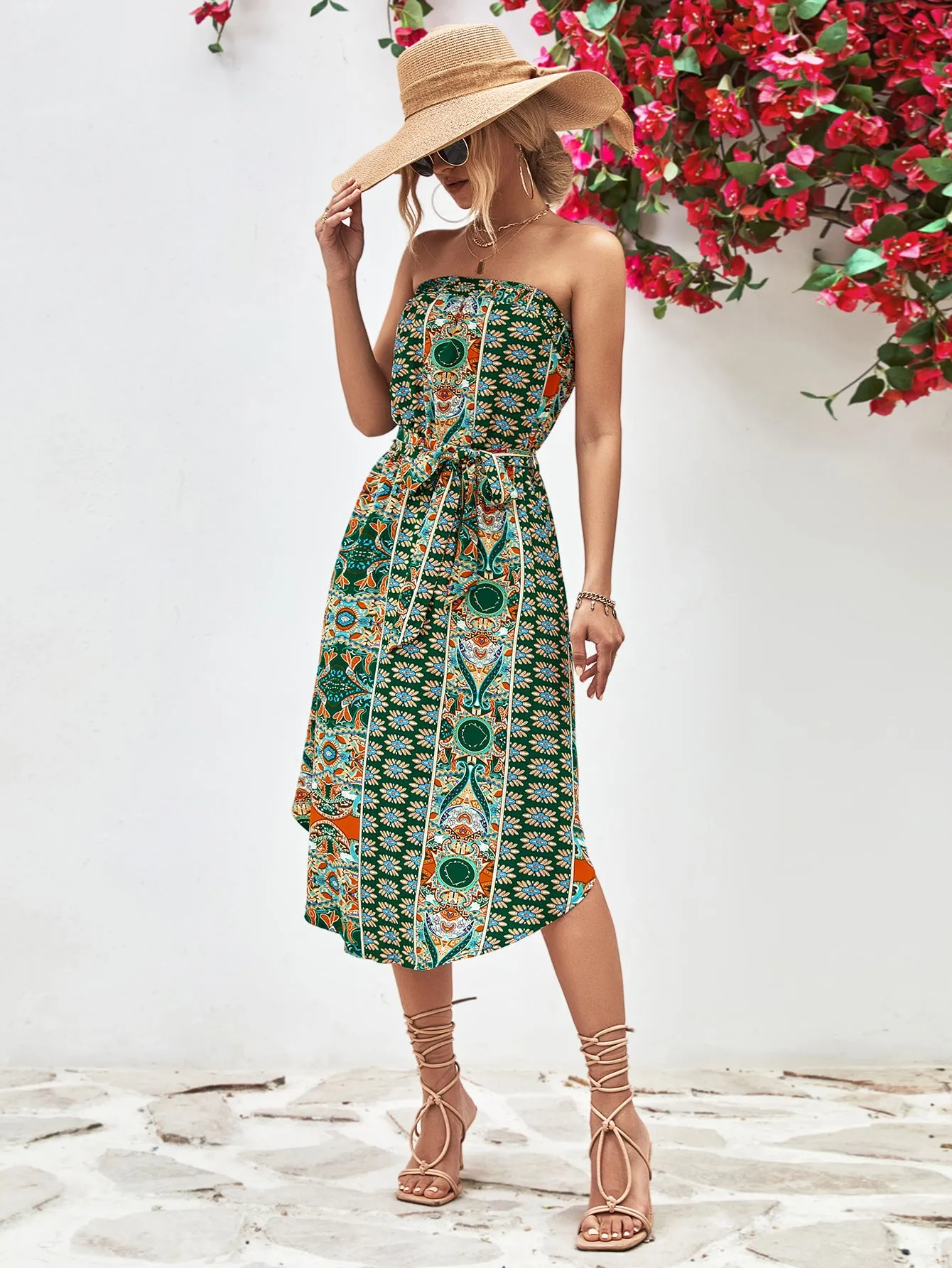 Printed Strapless Tie Belt Dress - 3 colors
