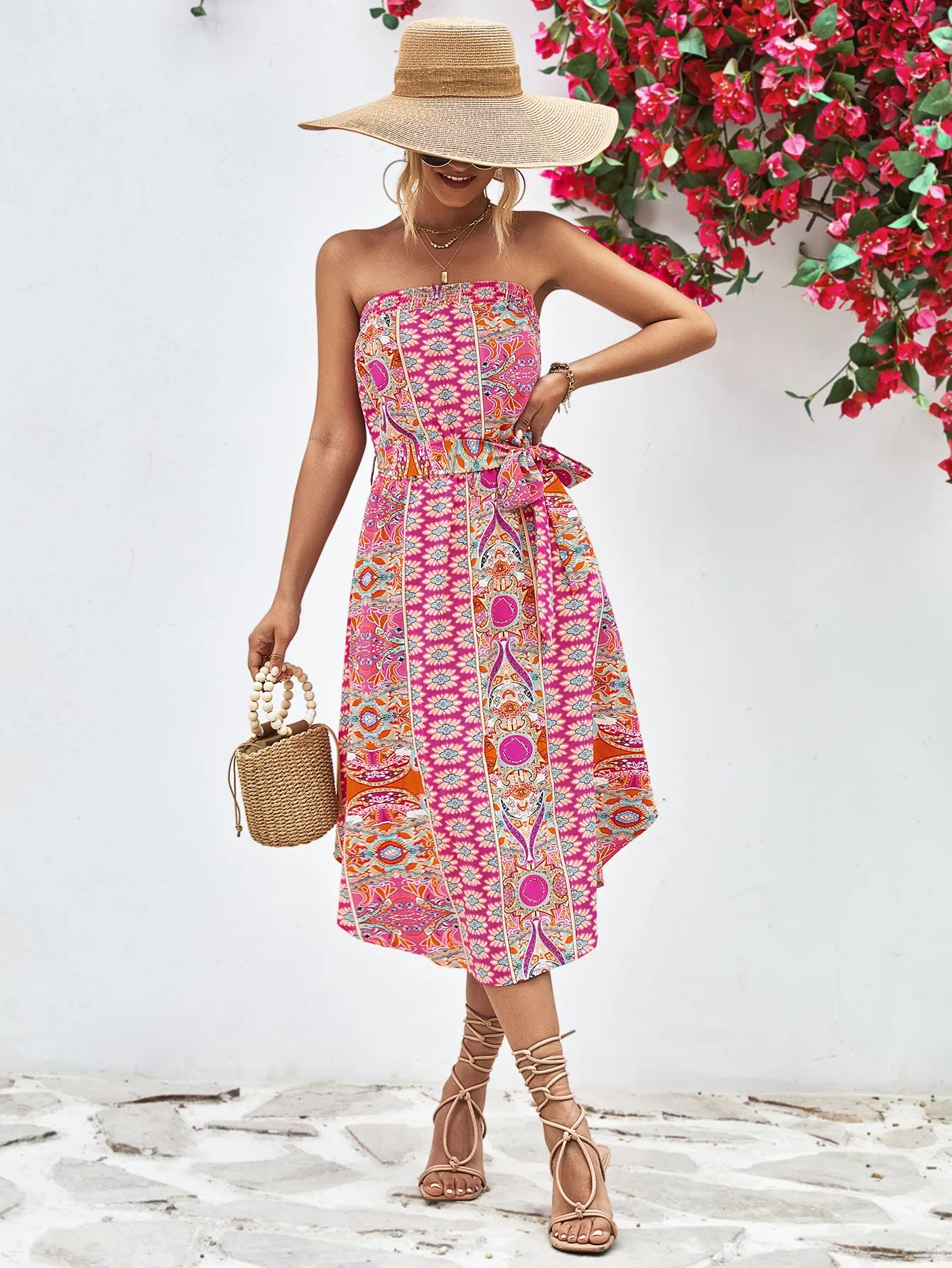 Printed Strapless Tie Belt Dress - 3 colors