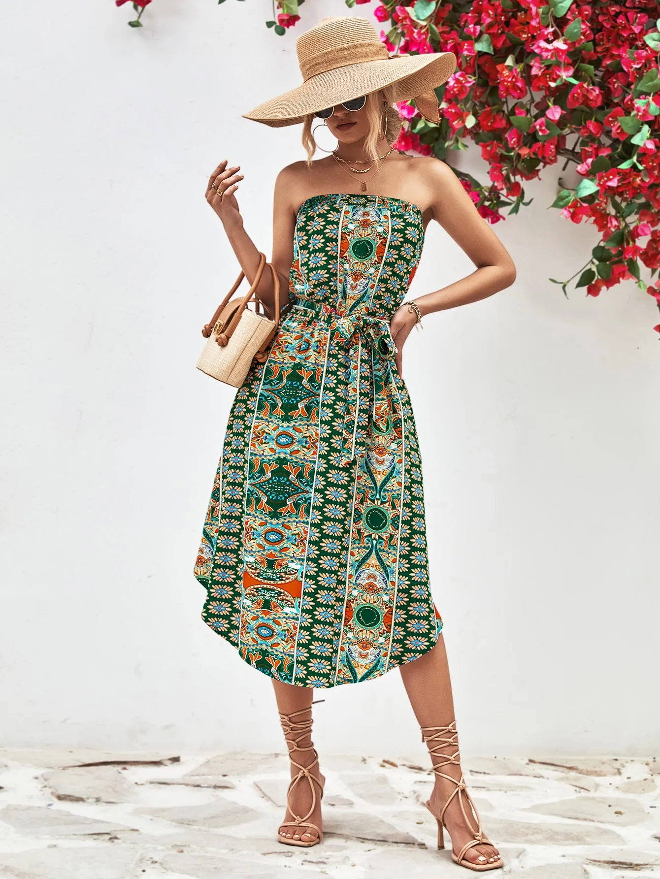 Printed Strapless Tie Belt Dress - 3 colors
