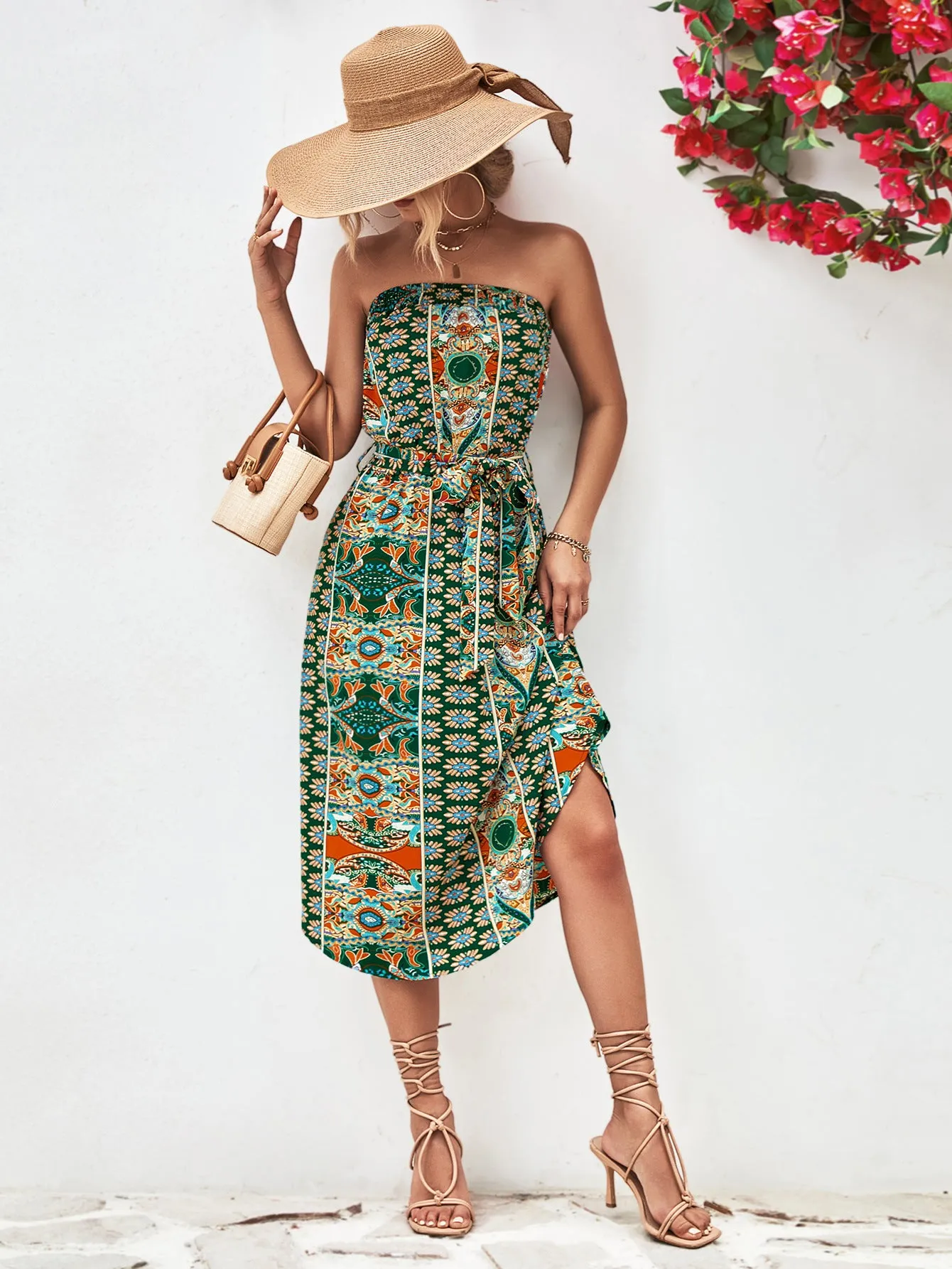 Printed Strapless Tie Belt Dress - 3 colors