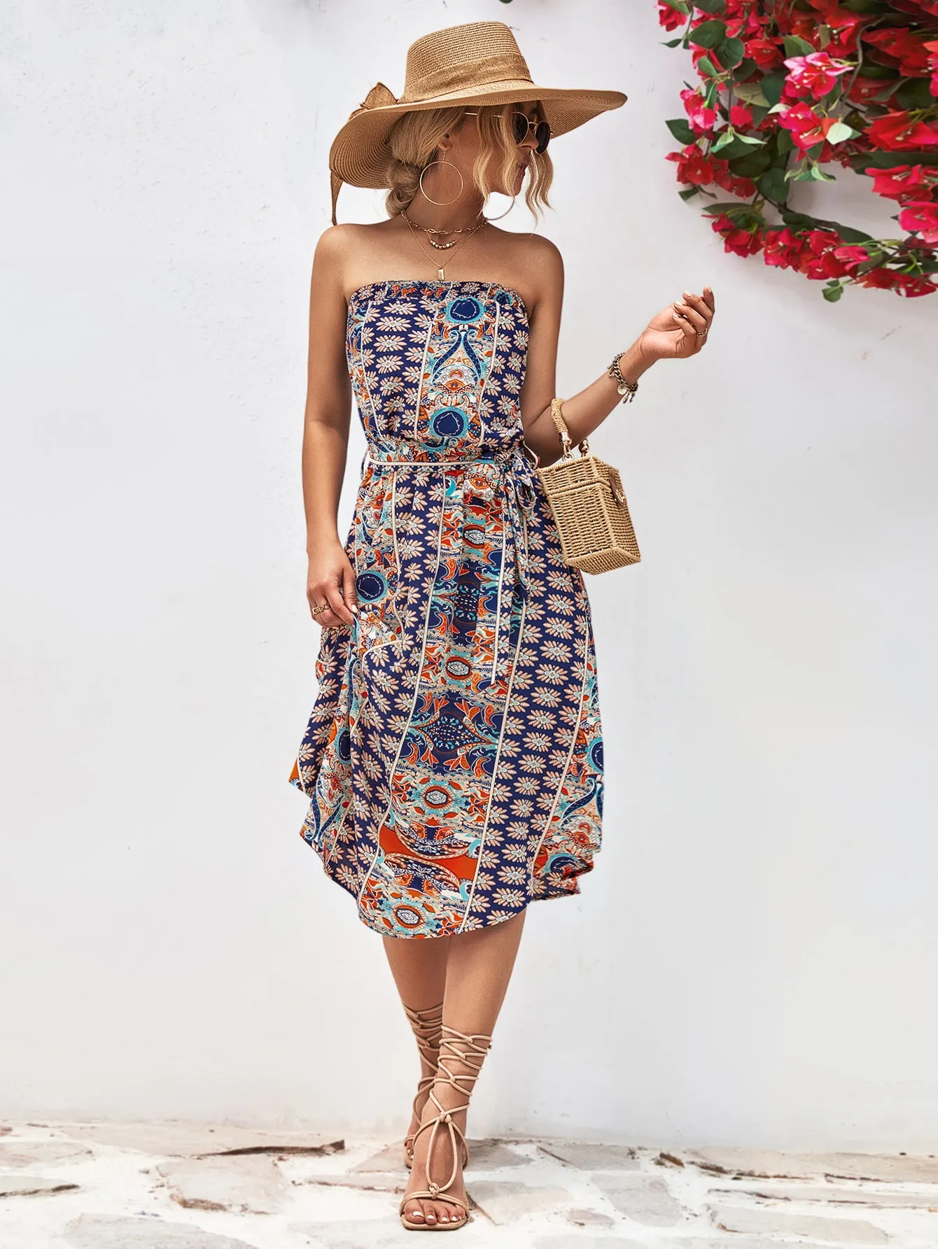 Printed Strapless Tie Belt Dress - 3 colors