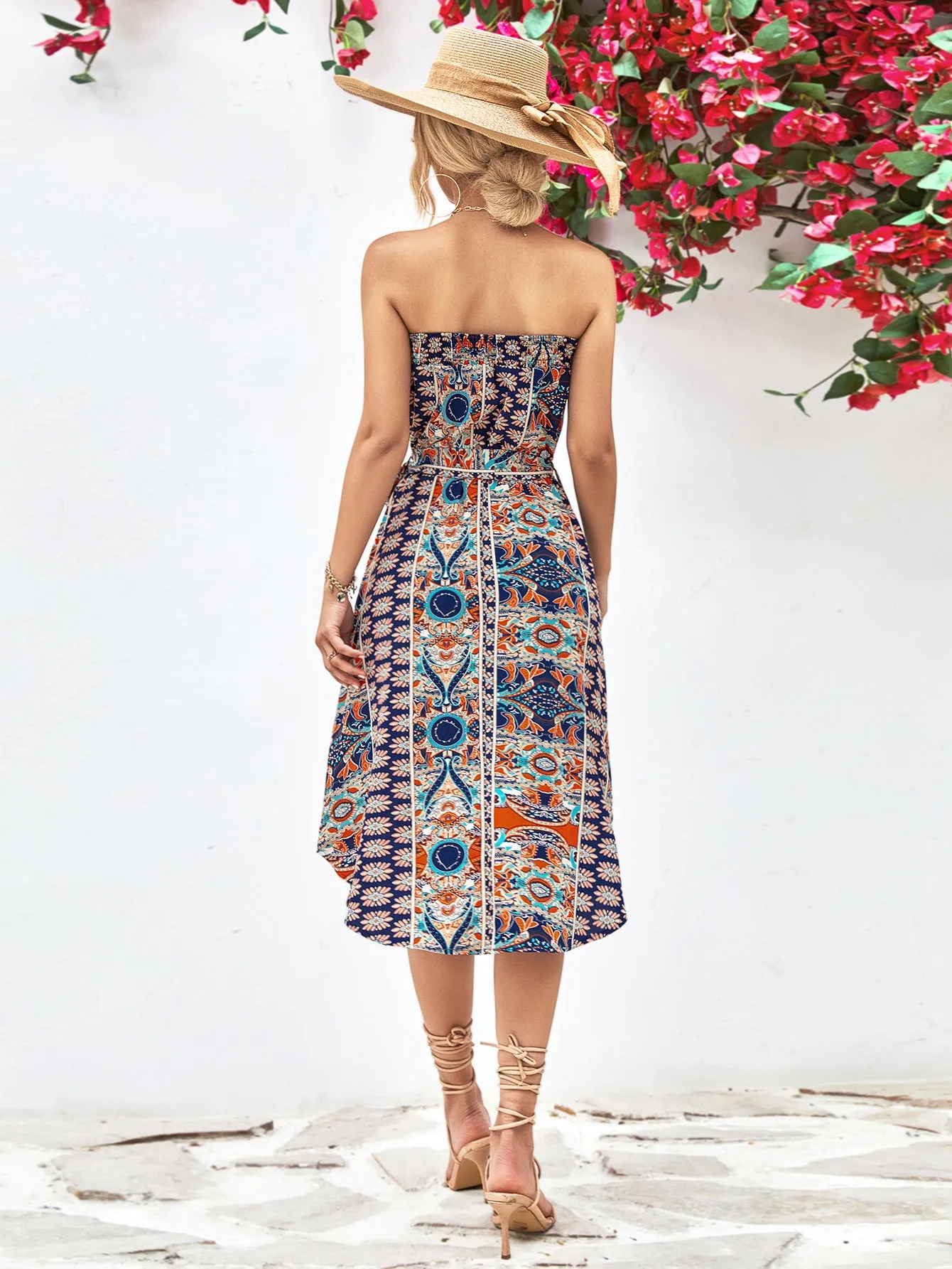 Printed Strapless Tie Belt Dress - 3 colors