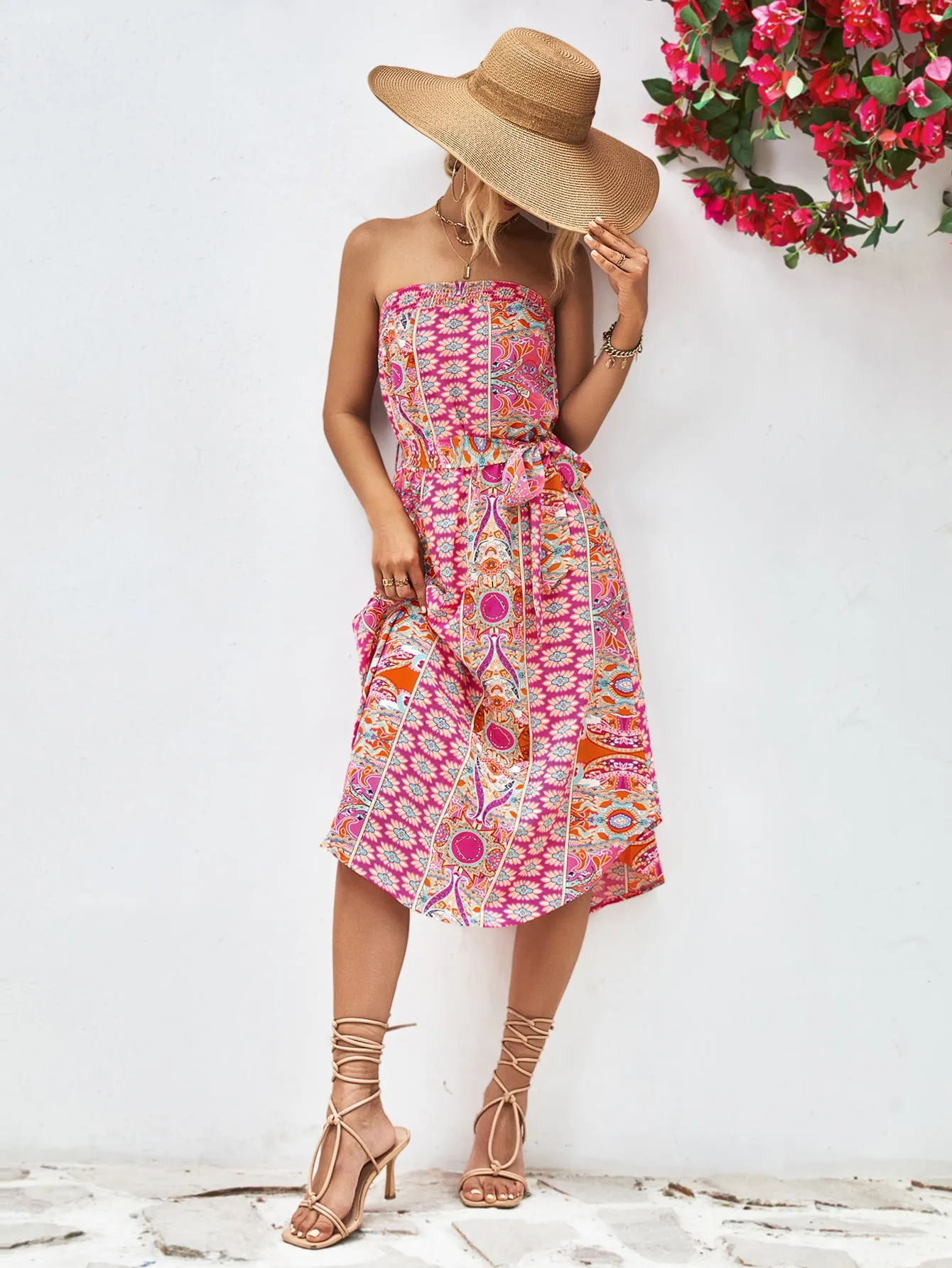 Printed Strapless Tie Belt Dress - 3 colors