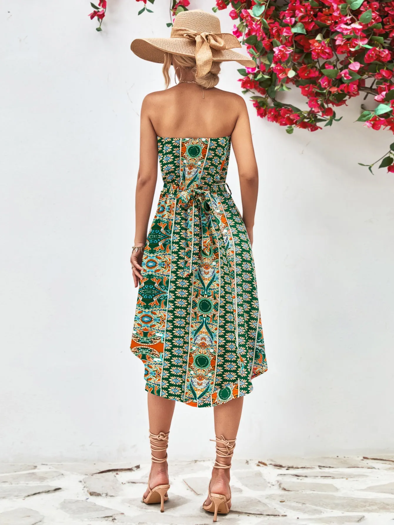 Printed Strapless Tie Belt Dress - 3 colors