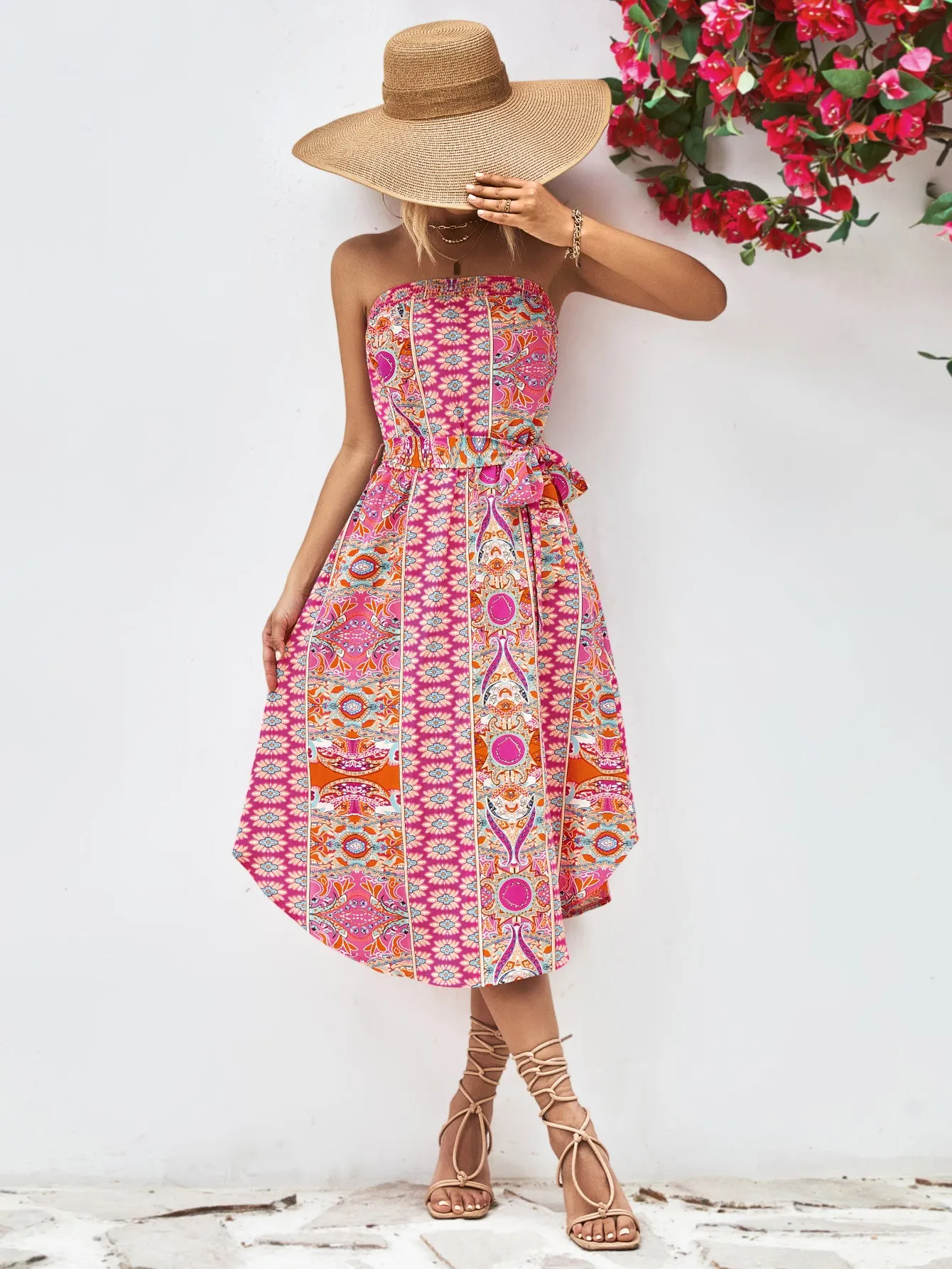 Printed Strapless Tie Belt Dress - 3 colors