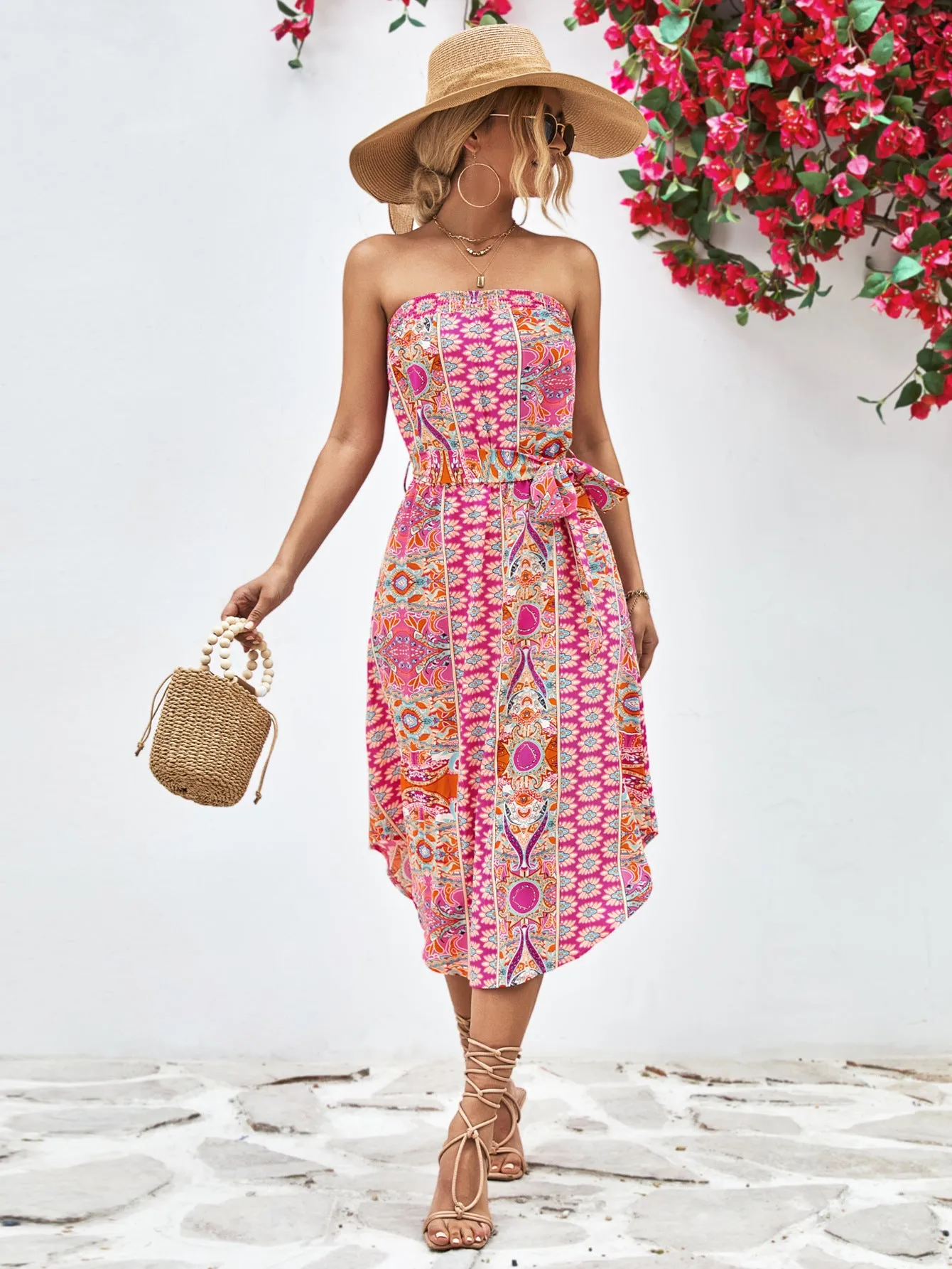 Printed Strapless Tie Belt Dress - 3 colors
