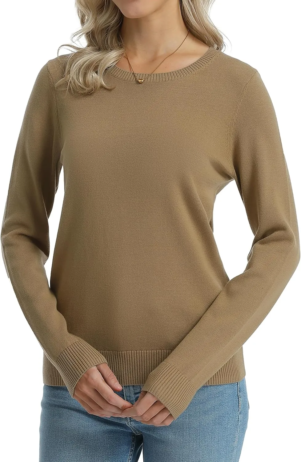QUALFORT Women's 100% Cotton Sweater Midweight Long Sleeve Soft Pullover Knit Tops