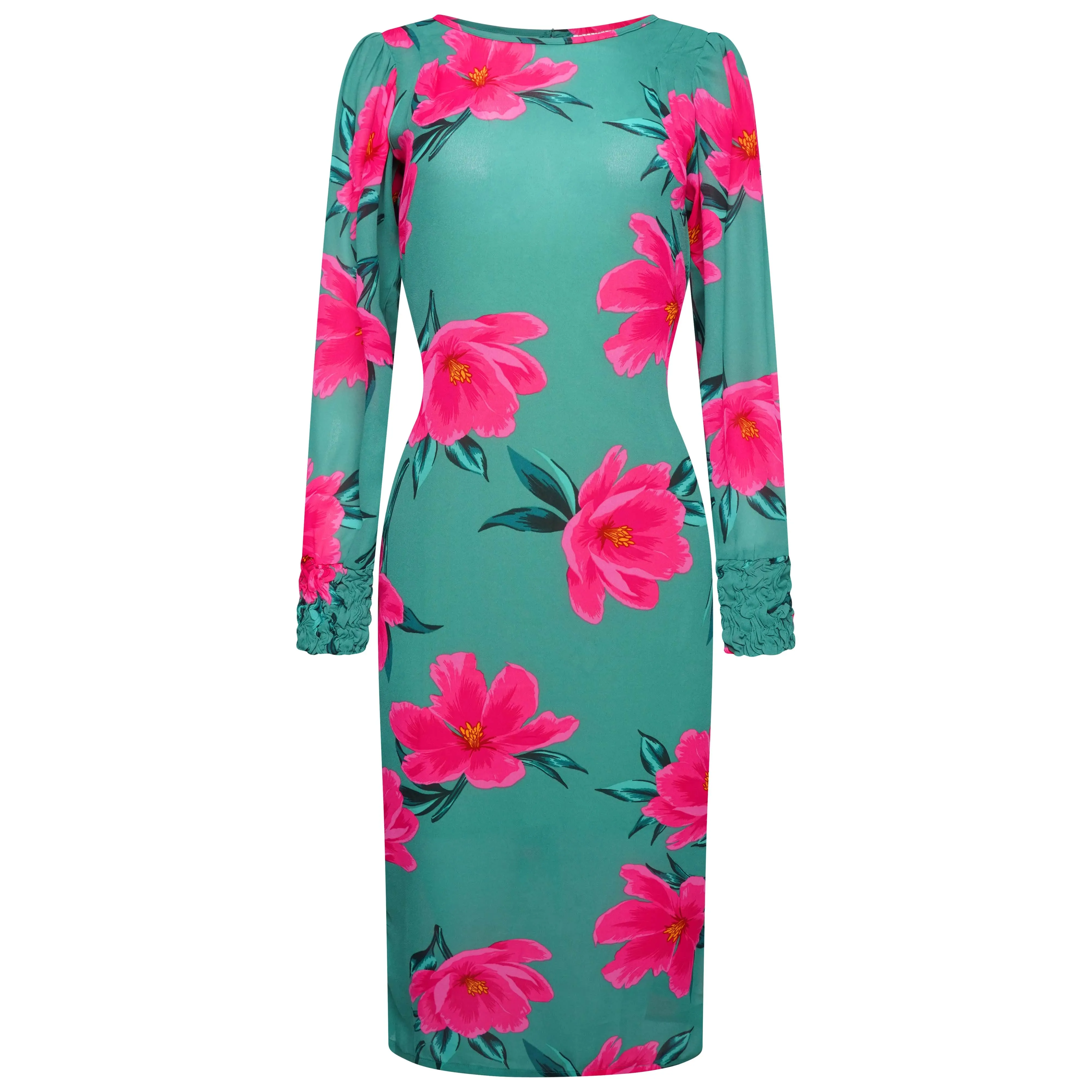 Sabina Midi Dress in Pink on Green Tulip