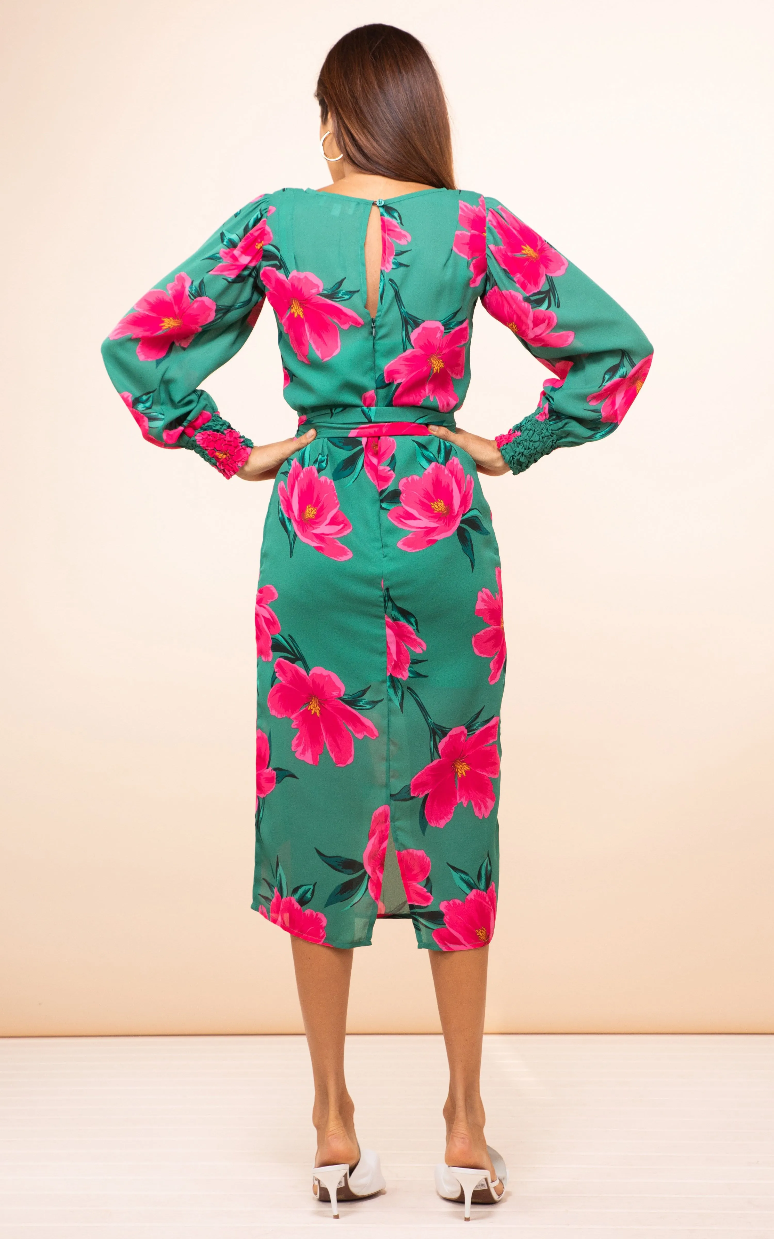 Sabina Midi Dress in Pink on Green Tulip