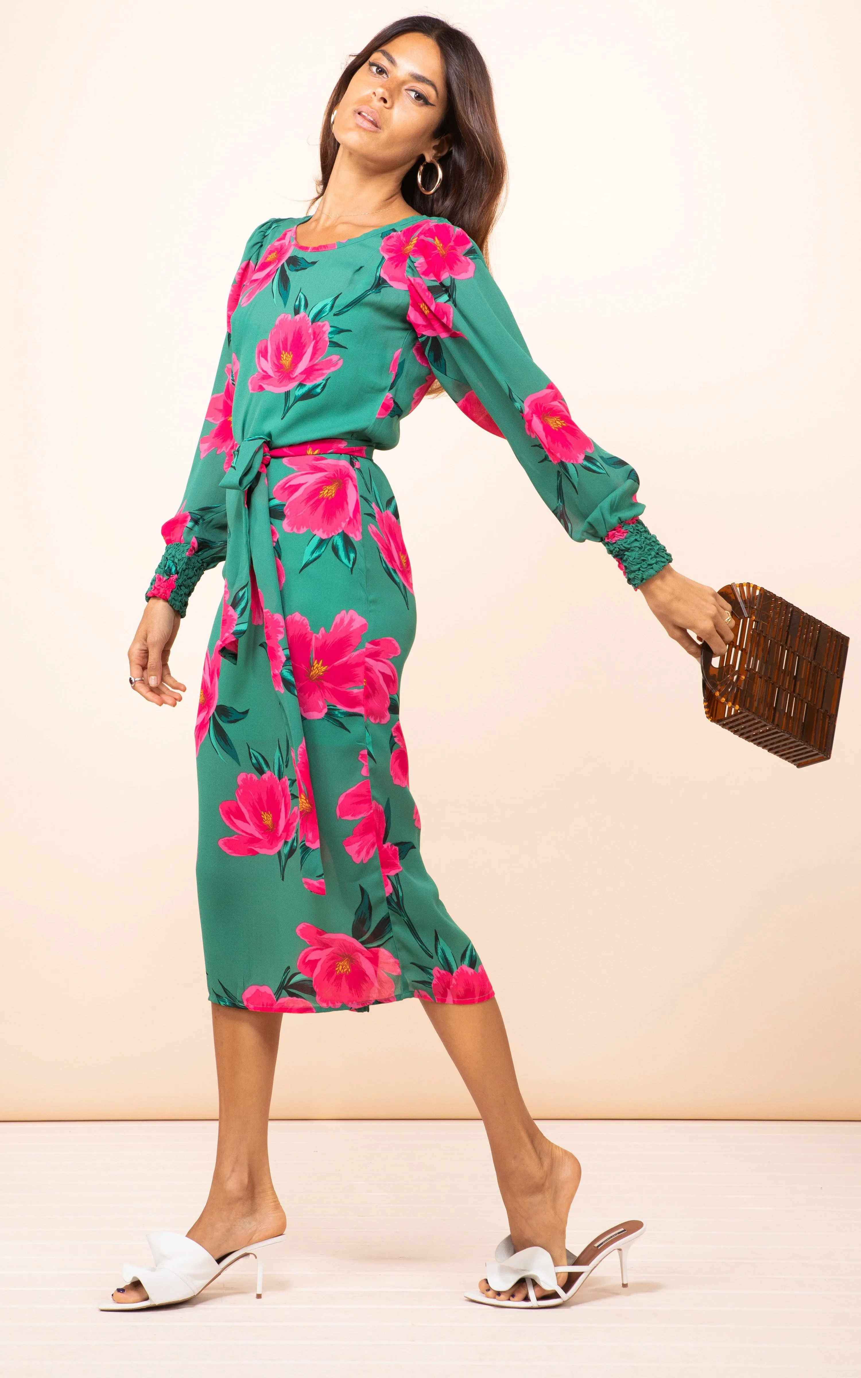 Sabina Midi Dress in Pink on Green Tulip