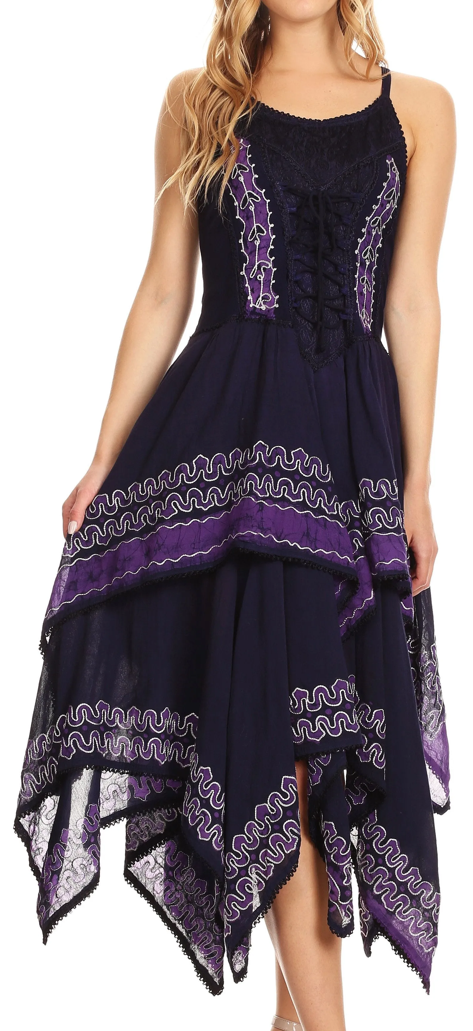 Sakkas Batik Corset Style Bodice Handkerchief Hem Dress