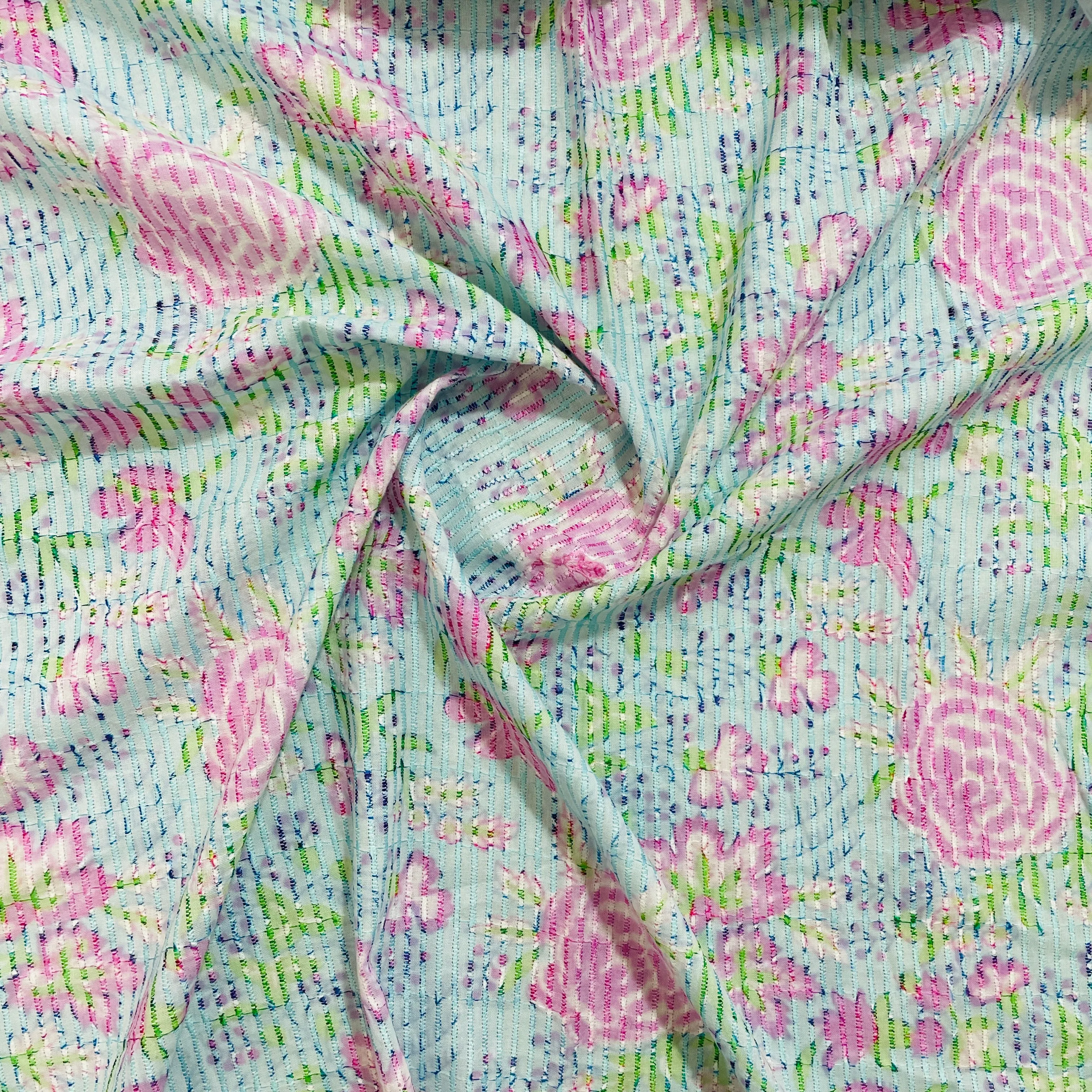 Sea Green Purple Digital Floral Print Embroidery Cotton Fabric