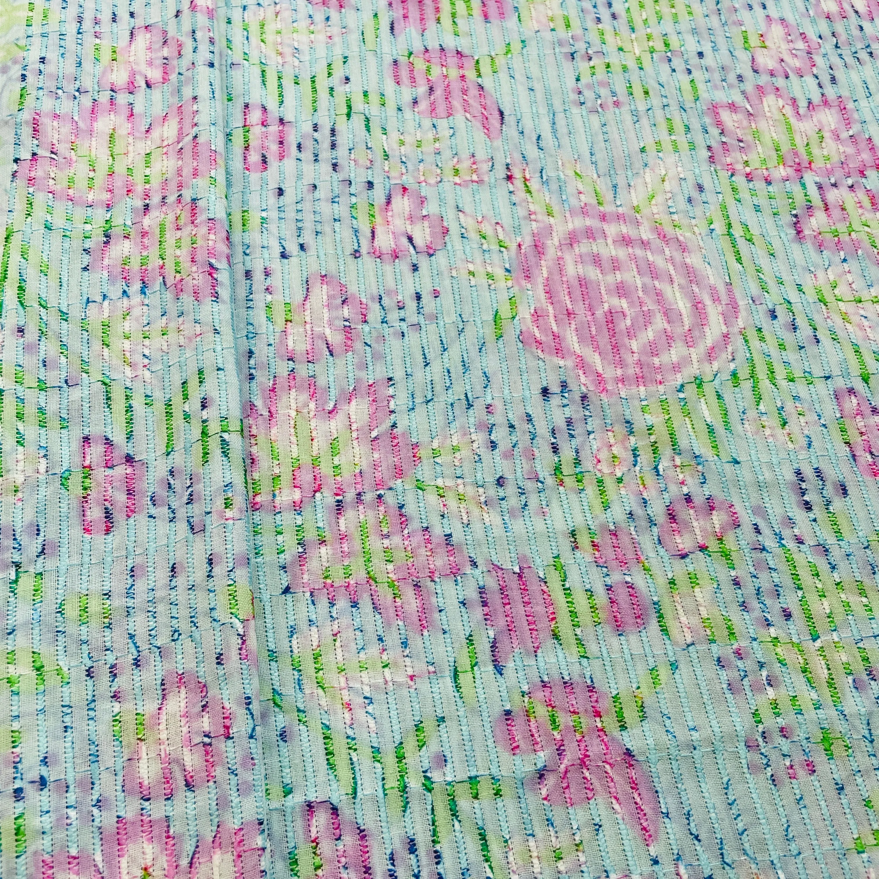 Sea Green Purple Digital Floral Print Embroidery Cotton Fabric
