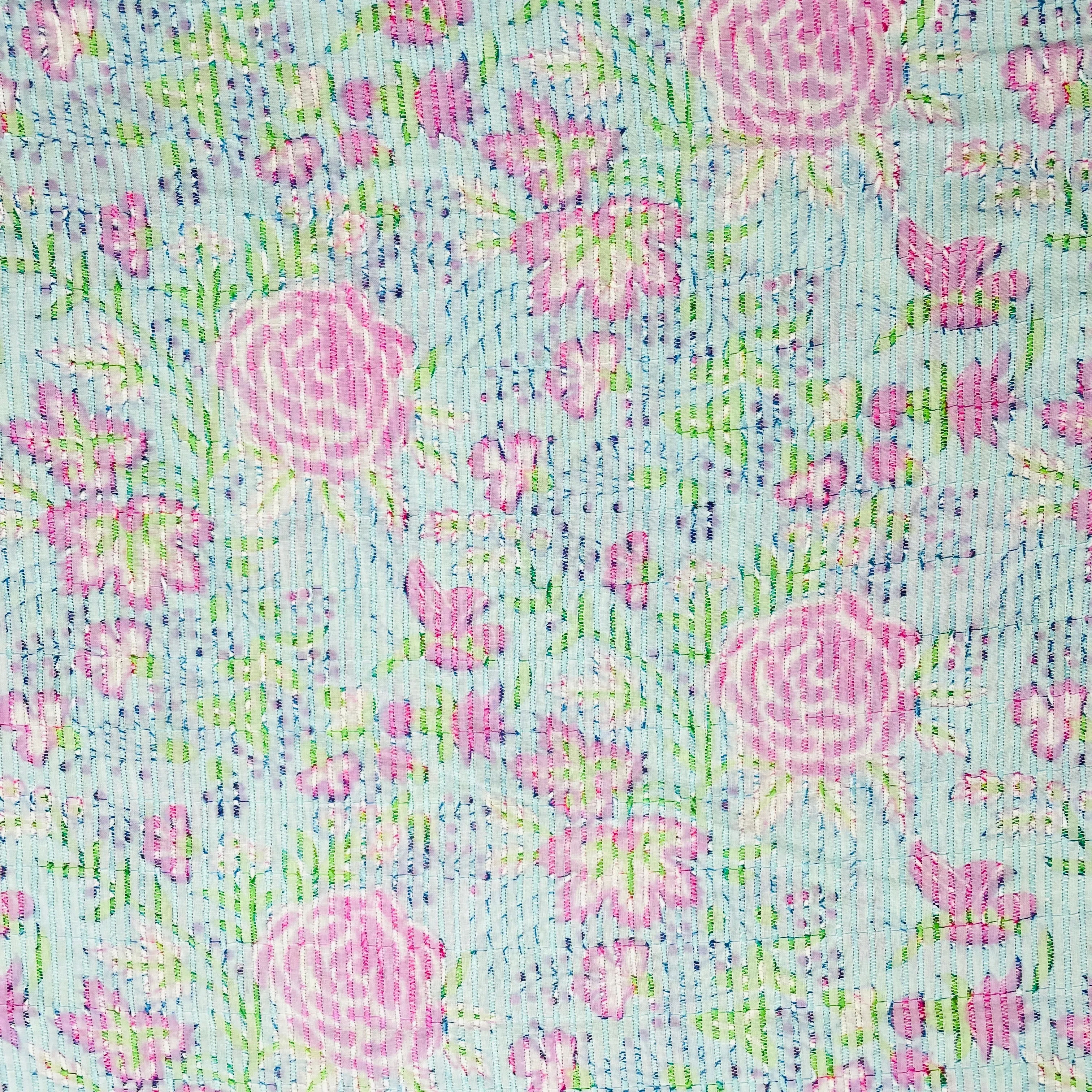Sea Green Purple Digital Floral Print Embroidery Cotton Fabric