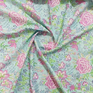 Sea Green Purple Digital Floral Print Embroidery Cotton Fabric