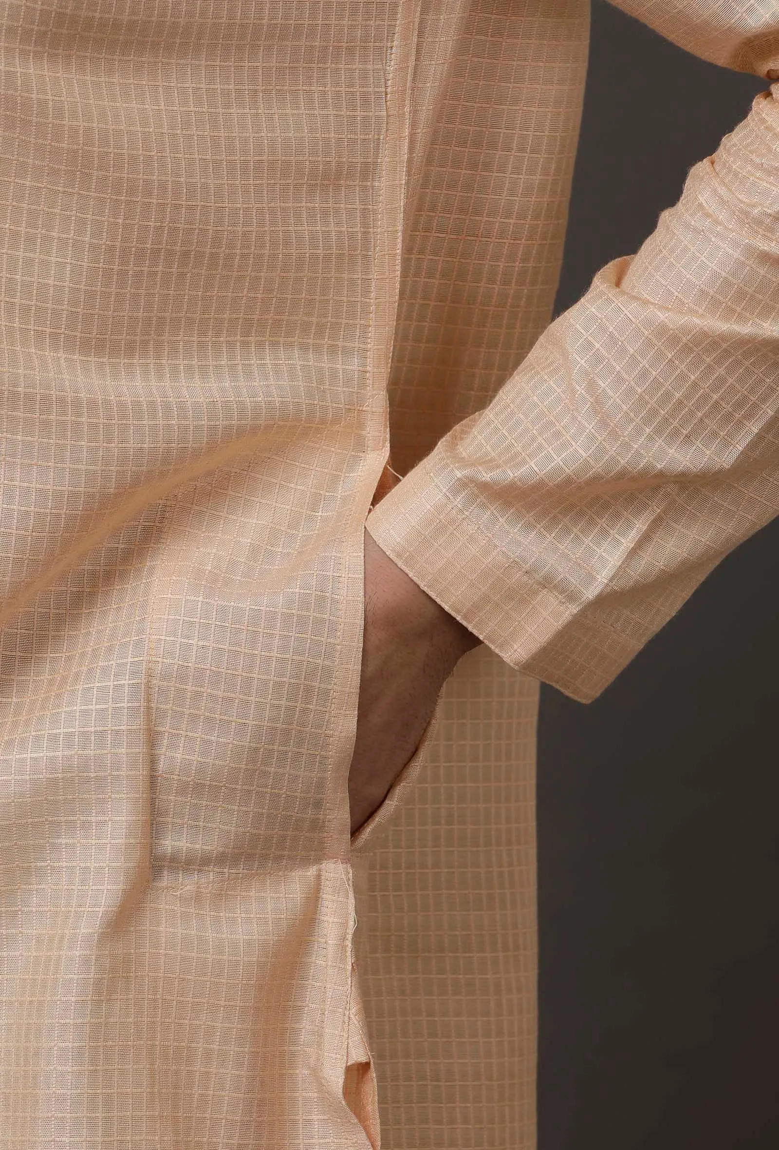 Set of 2: Beige Cotton Silk Check Kurta Pajama