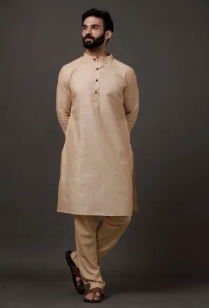 Set of 2: Beige Cotton Silk Check Kurta Pajama