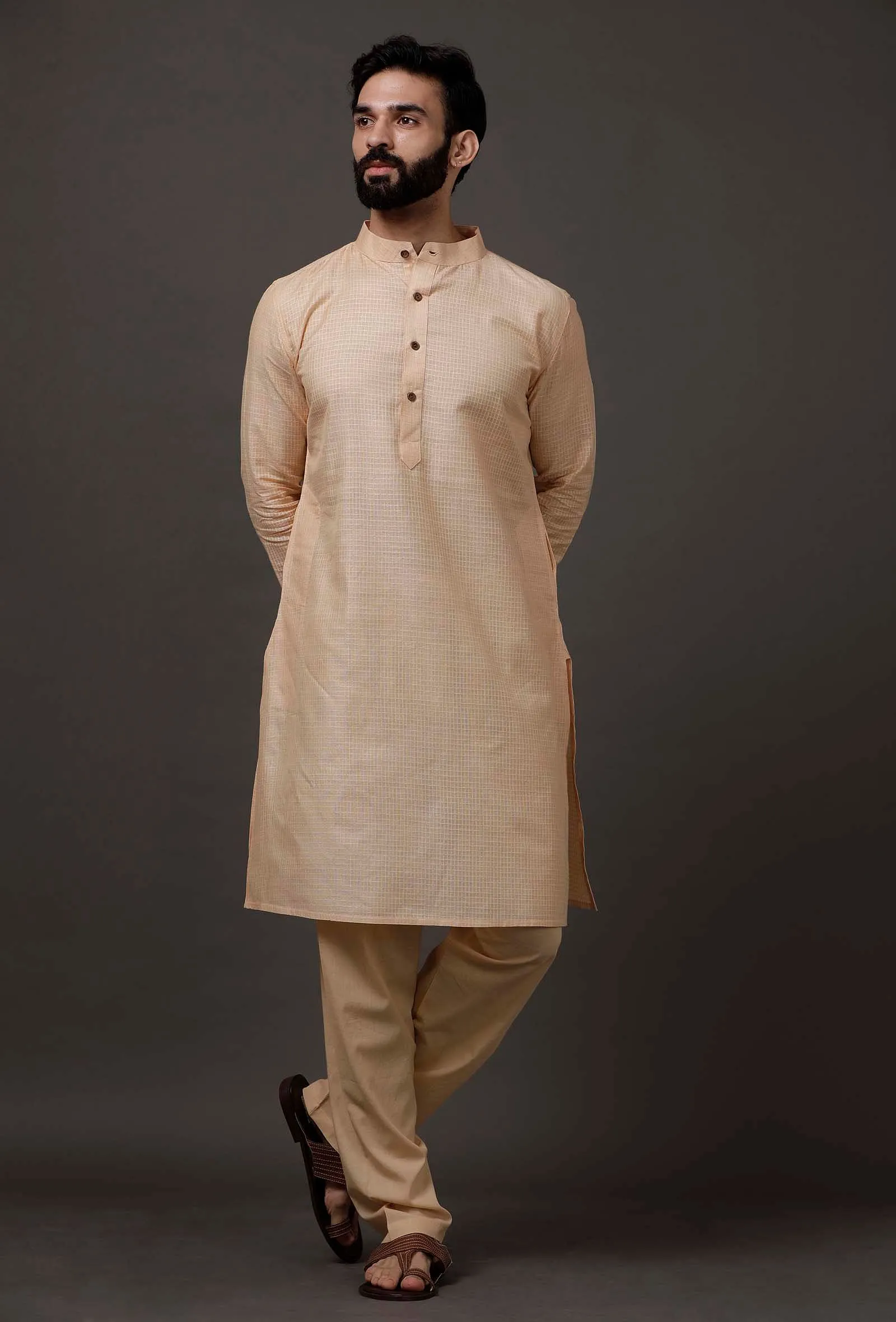 Set of 2: Beige Cotton Silk Check Kurta Pajama