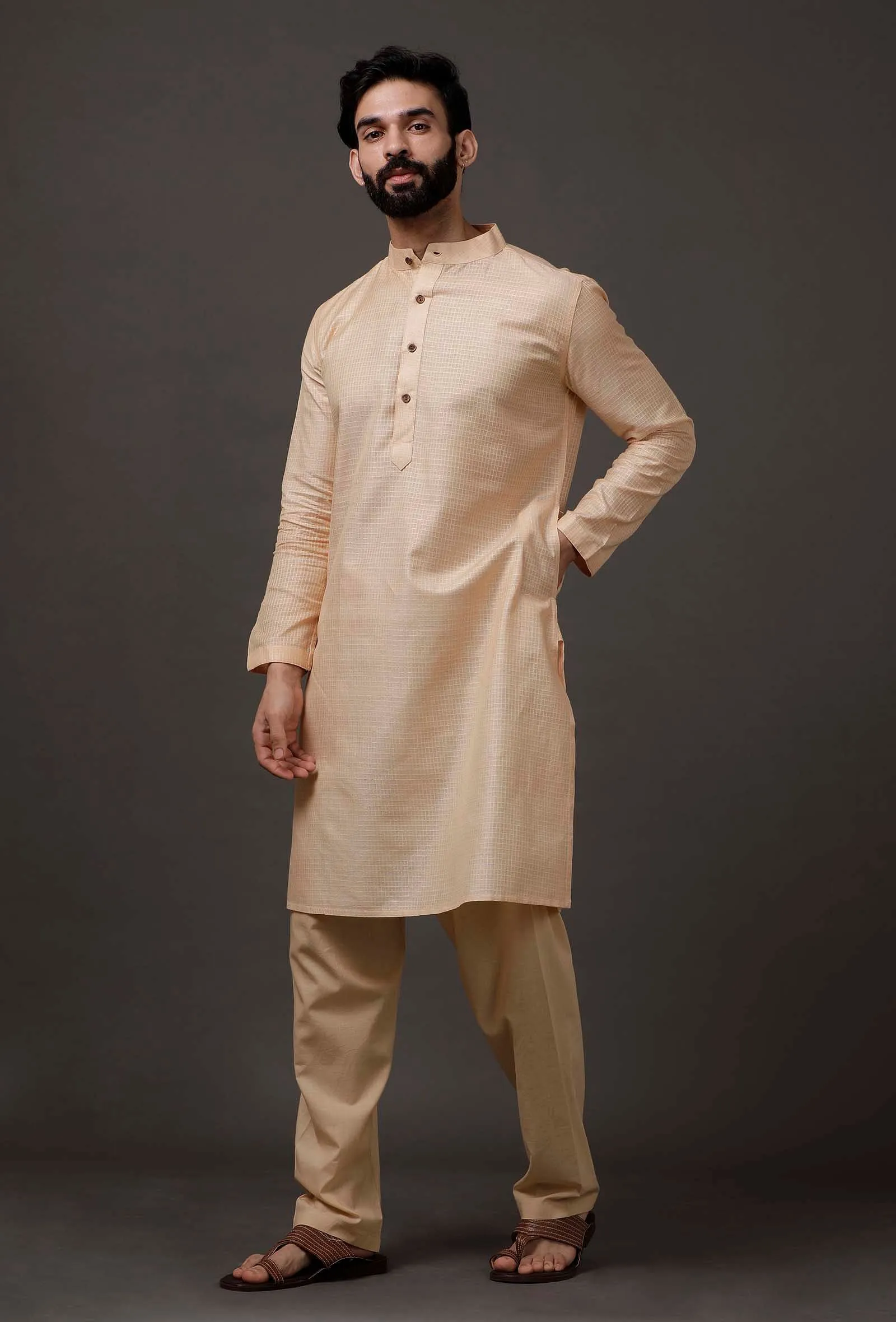 Set of 2: Beige Cotton Silk Check Kurta Pajama