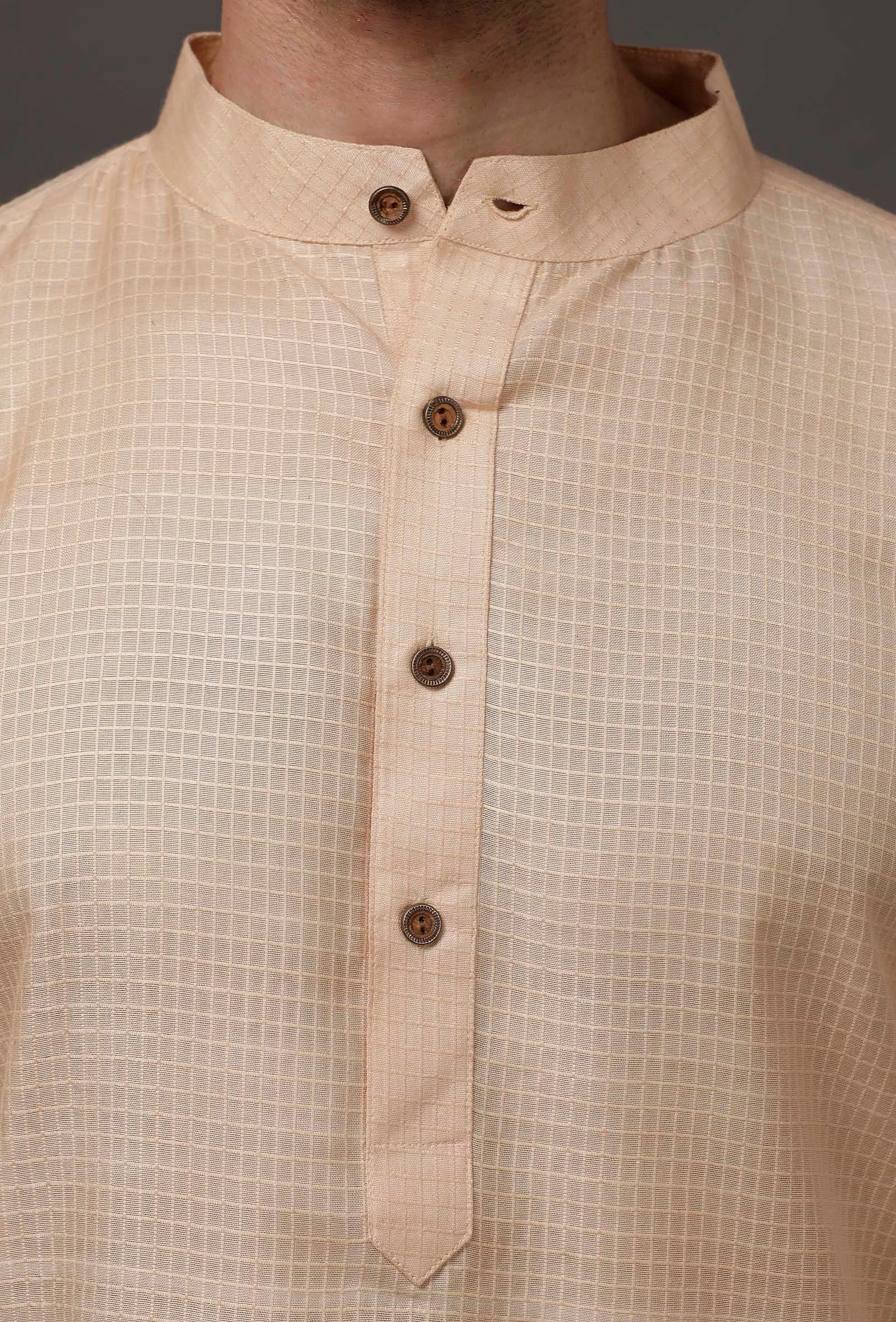 Set of 2: Beige Cotton Silk Check Kurta Pajama