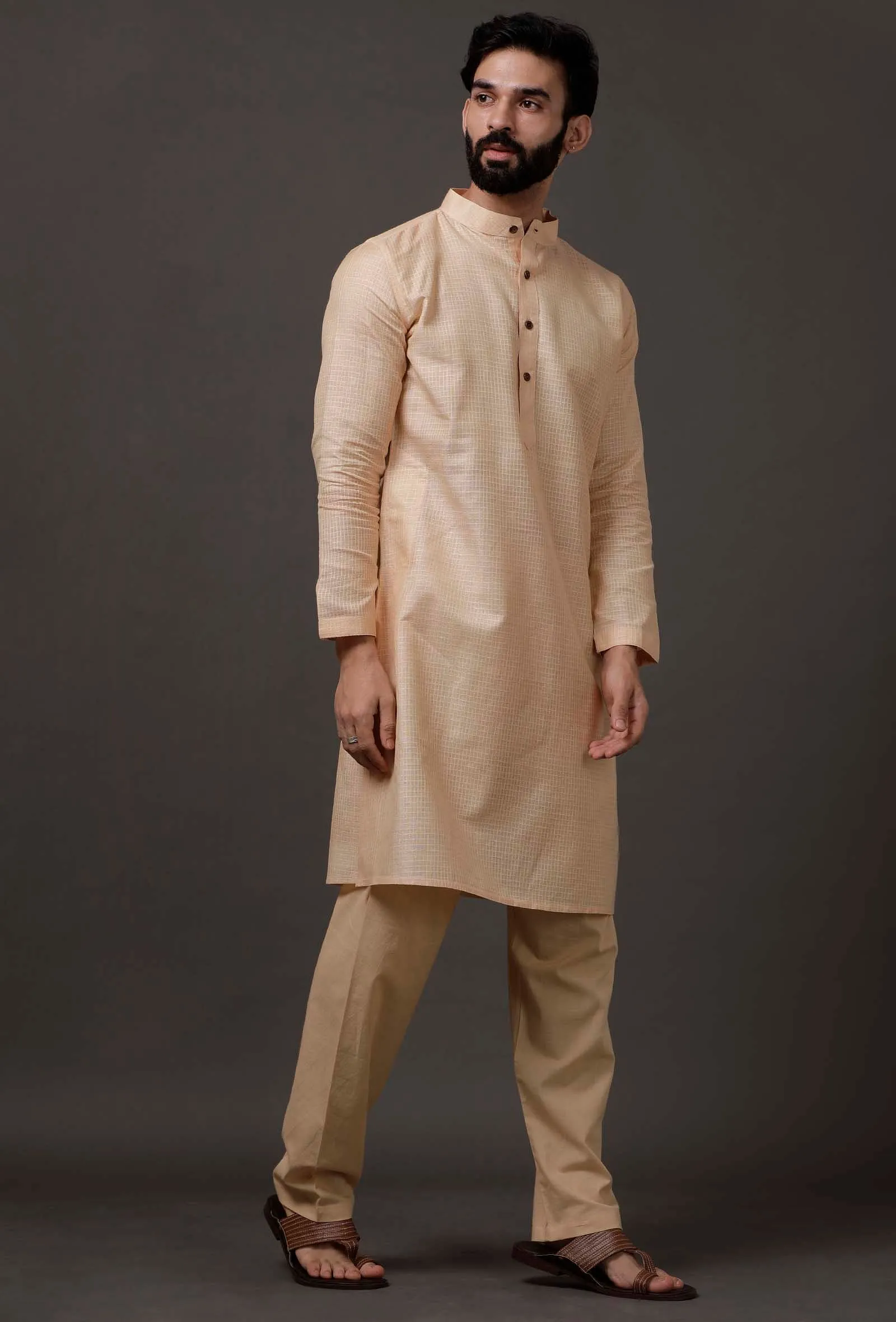 Set of 2: Beige Cotton Silk Check Kurta Pajama