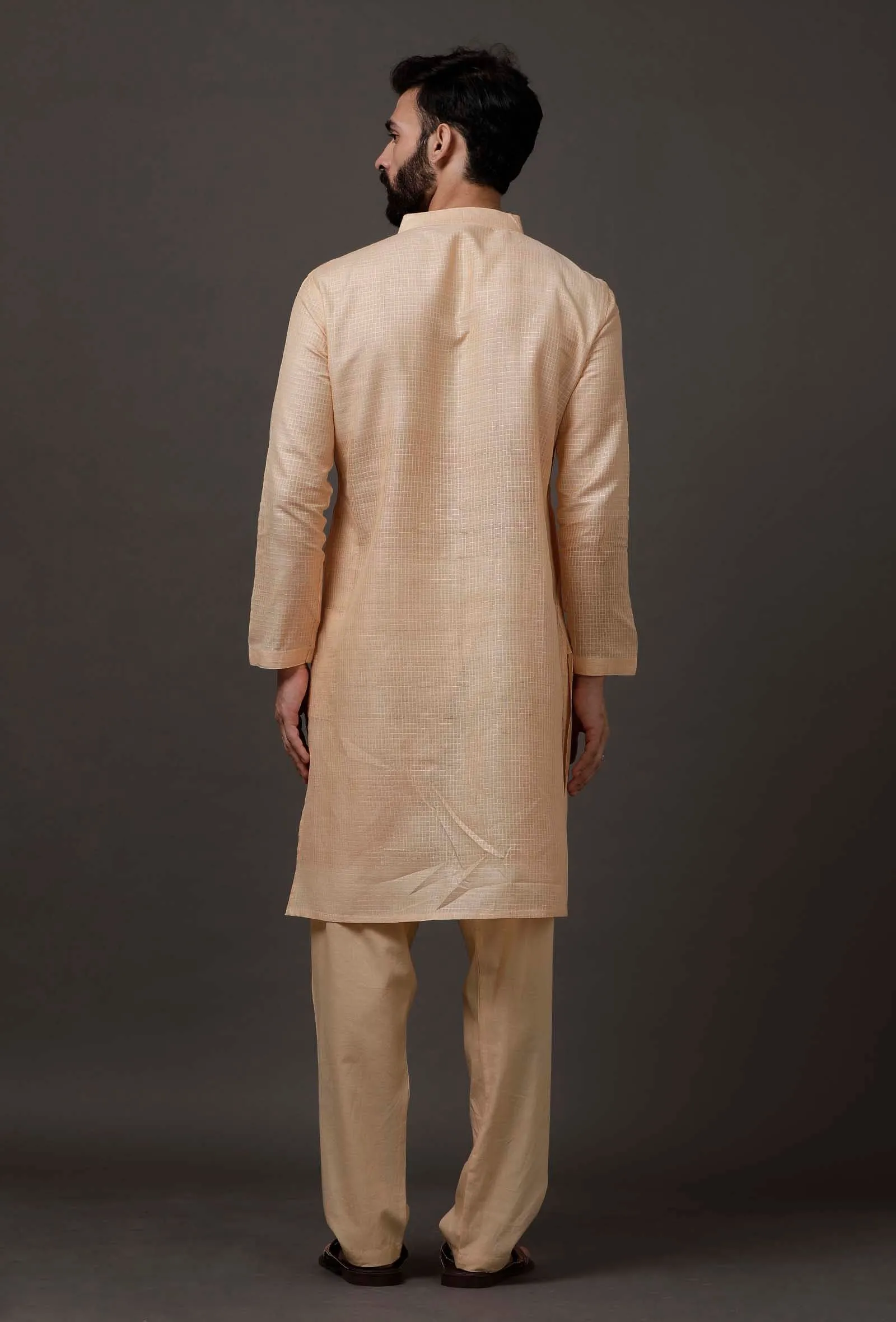 Set of 2: Beige Cotton Silk Check Kurta Pajama