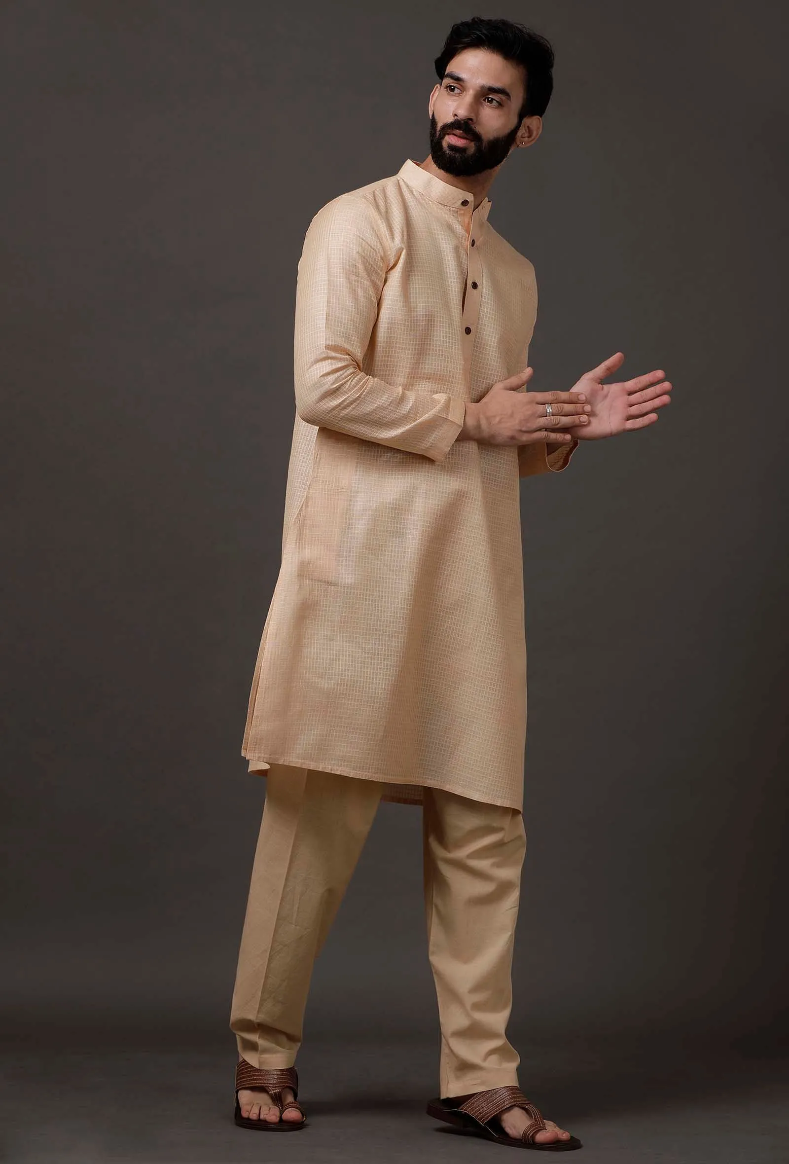 Set of 2: Beige Cotton Silk Check Kurta Pajama