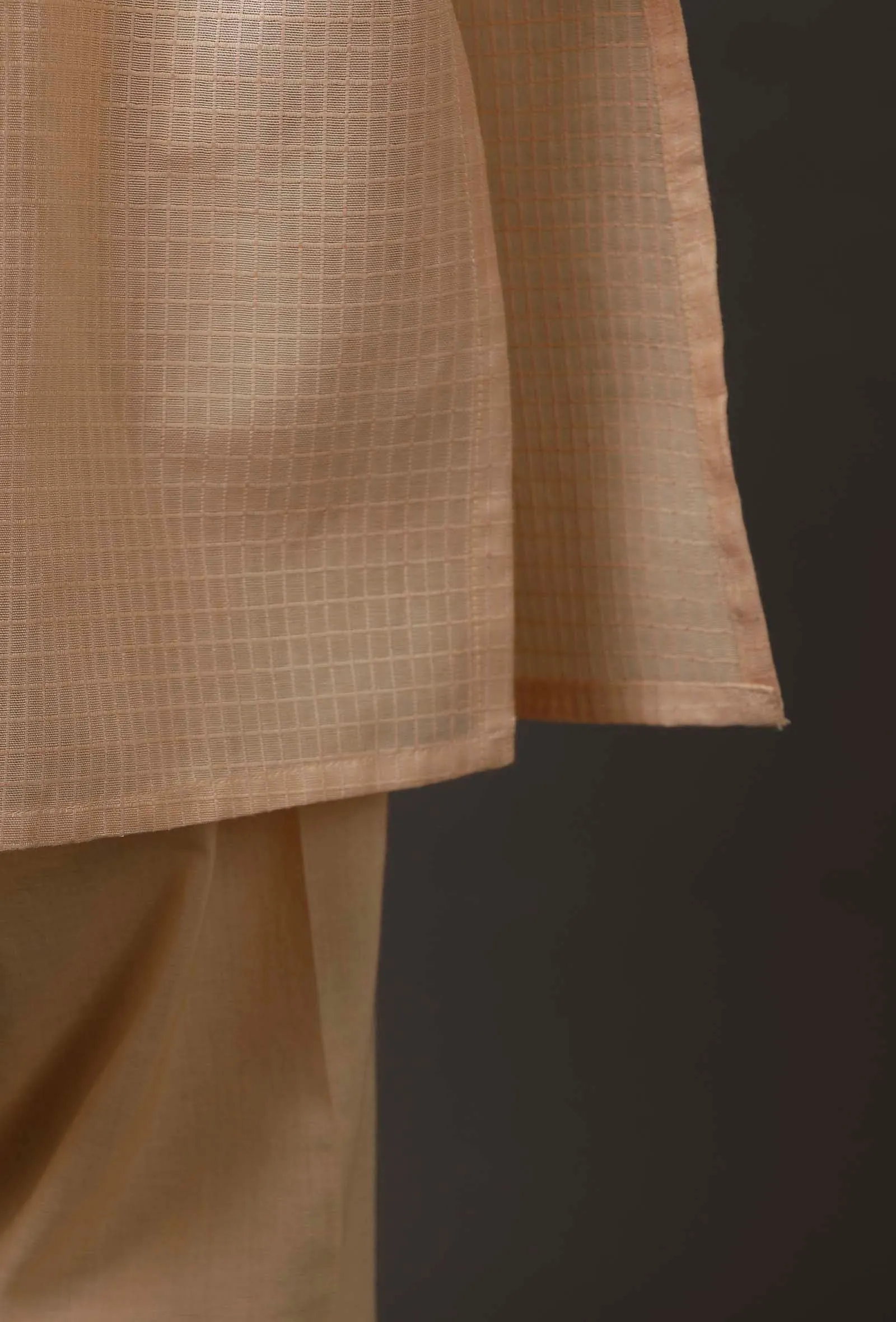 Set of 2: Beige Cotton Silk Check Kurta Pajama