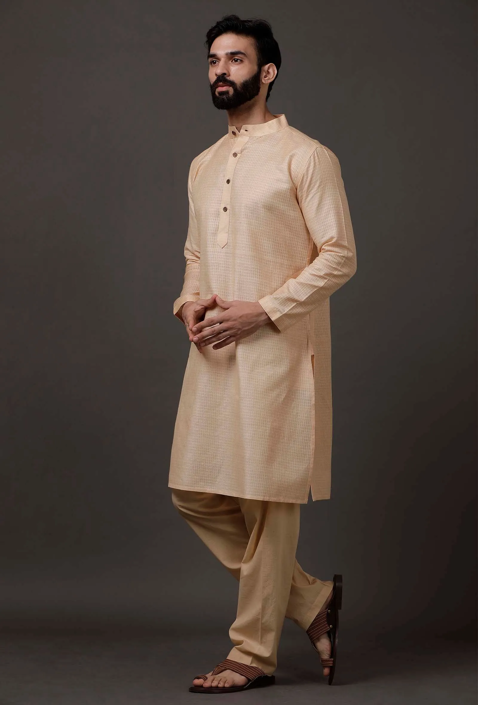 Set of 2: Beige Cotton Silk Check Kurta Pajama