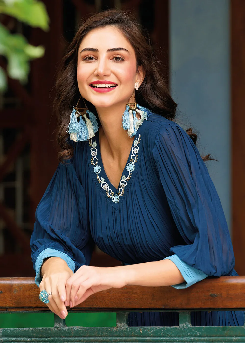 Shaded Blue Ombre Crushed Khatli Work Georgette Gown