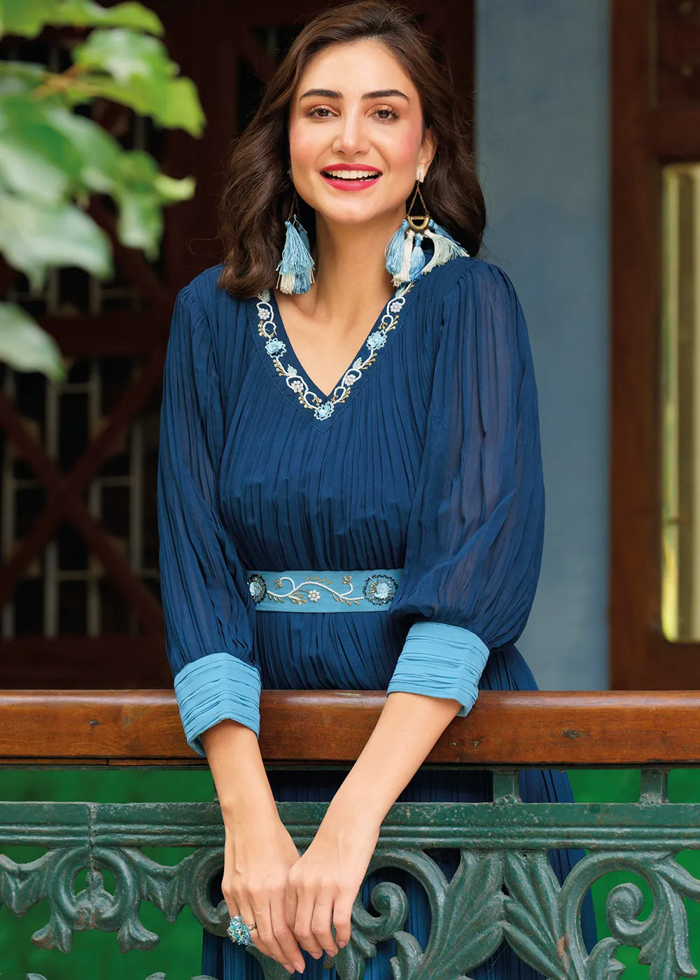 Shaded Blue Ombre Crushed Khatli Work Georgette Gown
