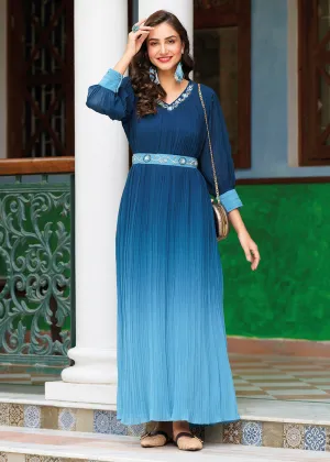 Shaded Blue Ombre Crushed Khatli Work Georgette Gown