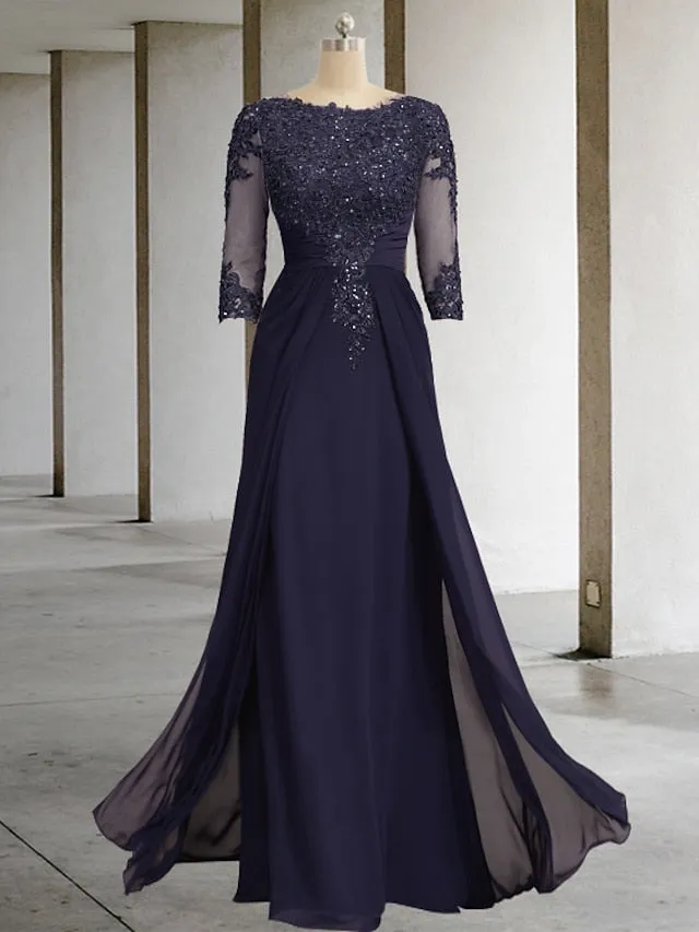 Sheath / Column Mother of the Bride Dress Formal Wedding Guest Elegant Sparkle & Shine Jewel Neck Asymmetrical Floor Length Chiffon Lace 3/4 Length Sleeve with Sequin Appliques 2023