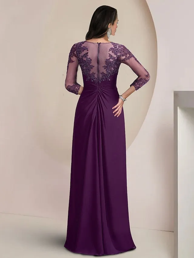 Sheath / Column Mother of the Bride Dress Formal Wedding Guest Elegant Sparkle & Shine Jewel Neck Asymmetrical Floor Length Chiffon Lace 3/4 Length Sleeve with Sequin Appliques 2023