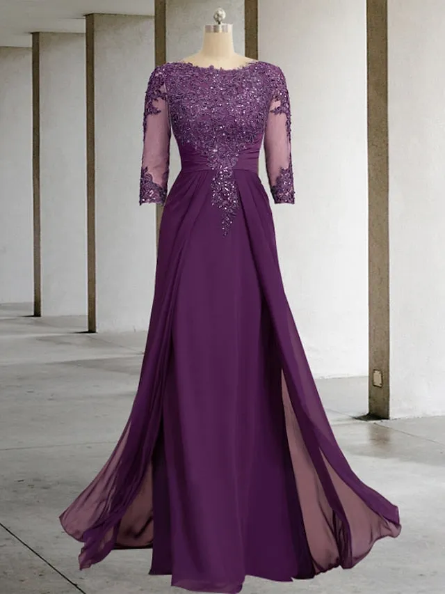 Sheath / Column Mother of the Bride Dress Formal Wedding Guest Elegant Sparkle & Shine Jewel Neck Asymmetrical Floor Length Chiffon Lace 3/4 Length Sleeve with Sequin Appliques 2023