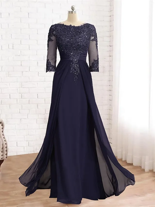 Sheath / Column Mother of the Bride Dress Formal Wedding Guest Elegant Sparkle & Shine Jewel Neck Asymmetrical Floor Length Chiffon Lace 3/4 Length Sleeve with Sequin Appliques 2023